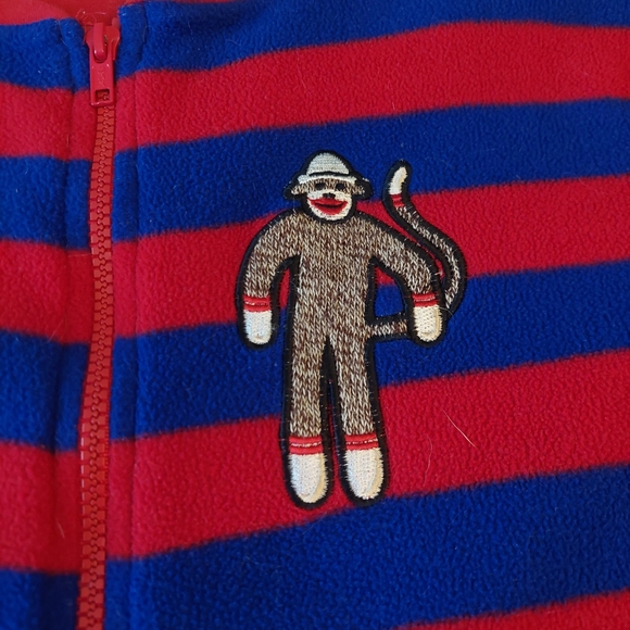 Nick And Nora Red Blue Striped Sock Monkey Footie One Piece Pajamas Unisex Sz S - Picture 11 of 13